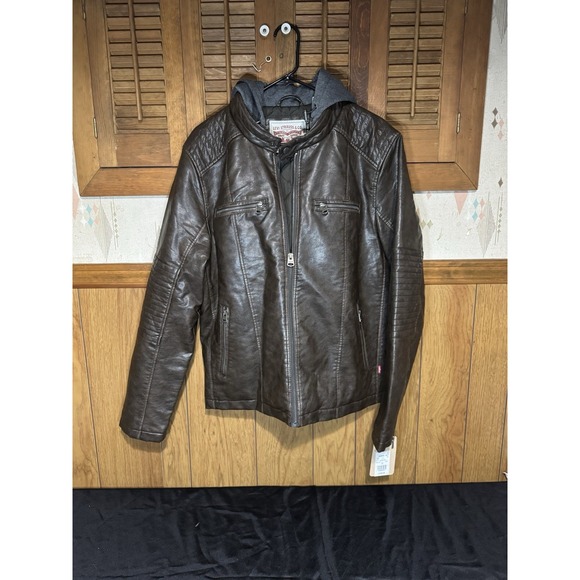 Levi Faux-Leather Hooded Racer Jacket Size Large Retail: $160- Deep Brown